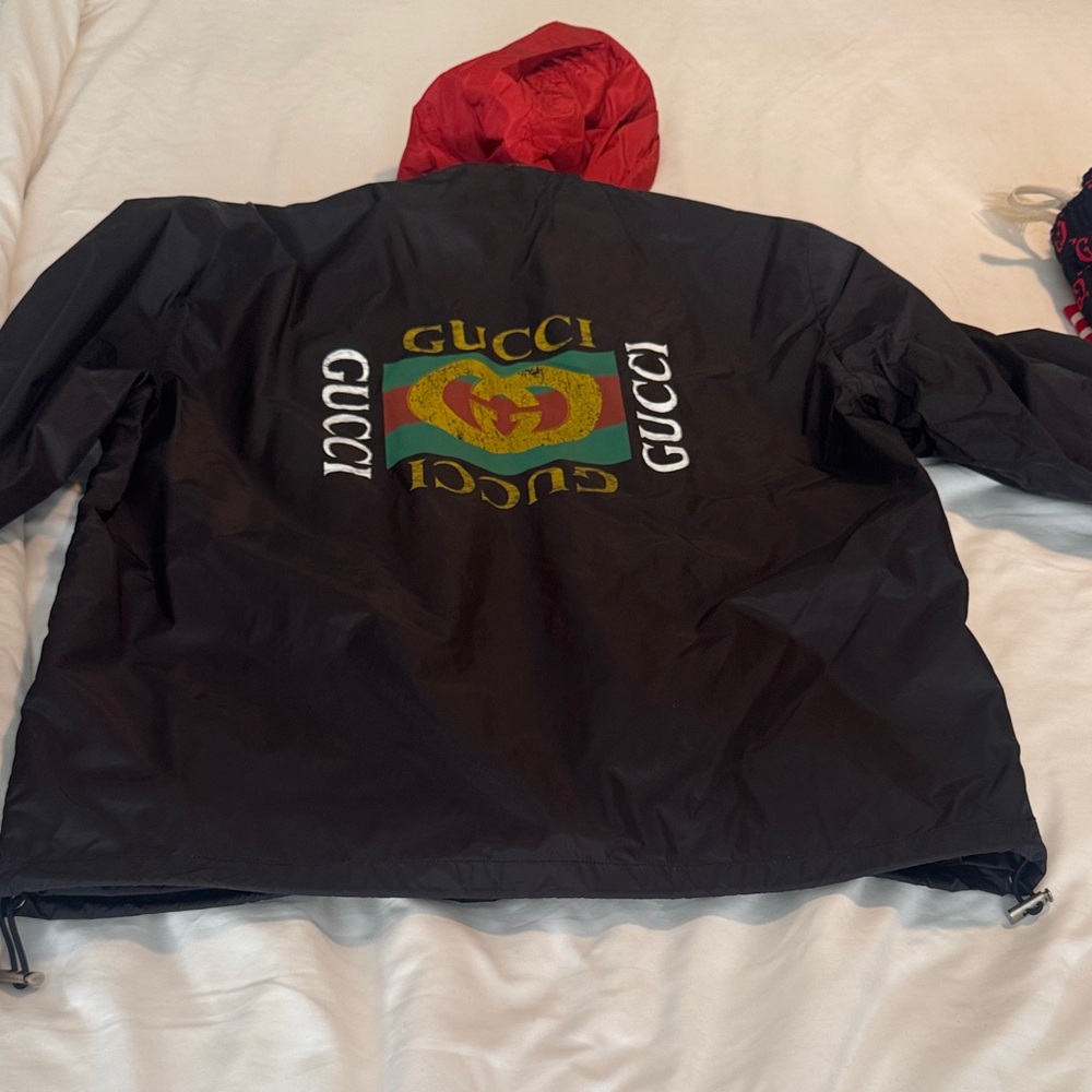 Gucci Black windbreaker Jacket with Red and Green Logo